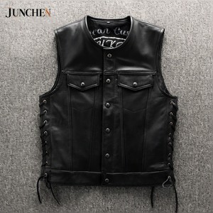 Gilet in Vera Pelle Nera Personalizzato Stile Sons of Anarchy con Lacci Laterali per Motociclisti e Club Biker - Product Image 2