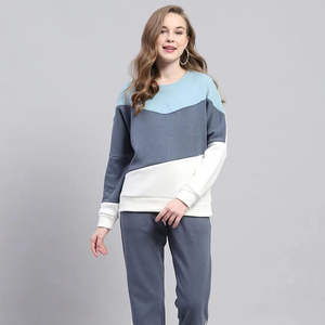 Custom <b>Women</b> Two Piece Color Block Tracksuit Set Crew Neck Sweatshirt and Jogger <b>Pants</b> Casual <b>Lounge</b> Wear OEM Wholesale - Product Image 1