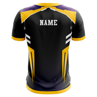 Jersey Sepak Bola Sublimasi Custom Print Pria Hitam Kuning Nama Tim Logo Depan Menyerap Keringat Bernapas Lengan Pendek Atletik