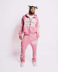 Alta calidad personalizado 400 Gsm doble capa polar peso pesado recortado satén forrado cremallera apliques diamantes de imitación sudaderas con capucha conjunto de chaqueta - Product Image 6