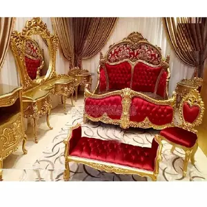 Cama de madera tallada a mano para dormitorio, mueble de dormitorio de tamaño King, color rojo y dorado, Ultra lujoso, clásico
