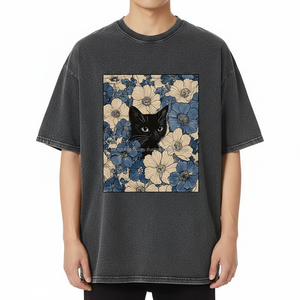 Camiseta Gris Vintage con Lavado Ácido para Hombre, Diseño Artístico de Gato en las Flores, Talla Grande, Algodón Grueso de Secado Rápido, Logotipo Personalizado OEM - Product Image 3
