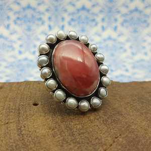 925 Sterling Silver Boho <b>Ring</b> 2024 Best Seller Handmade Oval Shape Rhodochrosite <b>Pearl</b> Gemstone Multiple Stones Diamond Weddings - Product Image 3