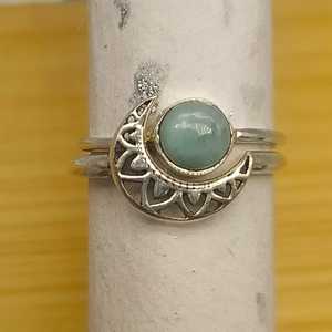 Larimar 925 Sterling Silver Band Ring Léger Minimaliste Bohème Artisan Craft Cabochon Stone Light avec Lunette Setting - Product Image 1