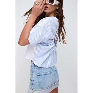 T-shirt décontracté à manches courtes pour femme, coupe classique, XS/XXS, dos rayé détaillé, col rond, 100% polyester, décoration en maille diamant - Product Image 4