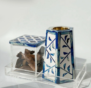 Plateau brûleur de Bakhoor haut de gamme, style religieux arabe, fait main en Inde, incrustation de nacre et d'os, multicolore, motifs Anis étoilé et Fraise - Product Image 6