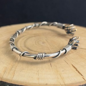 Men's Gothic 925 Sterling <b>Silver</b> Hand Sign <b>Bracelet</b> Adjustable Barbed Wire Style <b>Cuff</b> for Anniversaries Fashion Bangle - Product Image 4