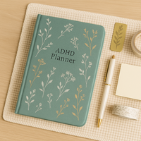 LABON Agenda botanique vert pour le TDAH avec feuille florale Couverture rigide en tissu non daté Organisateur quotidien pour femmes adolescents Neurodivergent Focus