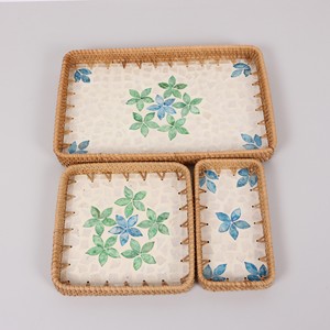 Plateau de service rectangulaire en nacre écologique avec incrustation florale bleue en rotin, commande en gros pour la décoration de la table de cuisine et de salle à manger - Product Image 6