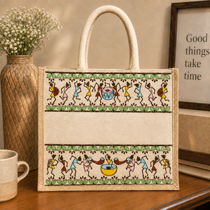 Sac fourre-tout en coton et jute brodé Warli beige Tribal Beats, 12 x 10 x 4 pouces, avec fermeture éclair, réutilisable, emballage cadeau personnalisé - Product Image 6