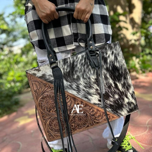 มาใหม่จริง Cowhide ขนสัตว์กระเป๋าสไตล์หนังกระเป๋าผมบนซ่อนแกะสลักมือ Toled กระเป๋าสําหรับสตรีหลายใช้ - Product Image 1