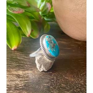 South Hill Turquoise Sterling <b>Silver</b> <b>Ring</b> Size 7.75-Boho Geometric <b>Statement</b> Jewelry - Product Image 3