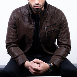 Chaquetas de Cuero Hechas a Medida, Estilo Urbano, Chaqueta Bomber de Piel de Oveja Color Bronceado, Piel de Oveja Genuina, Chaqueta de Invierno para Hombre, Personalizada en la Parte Delantera - Product Image 4