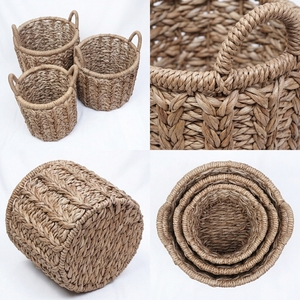 Ensemble de paniers de rangement en écorce de bananier naturelle avec cadre en fer, poignée en chevron tressé, pot cylindrique, décoration artistique pour la maison - Product Image 3