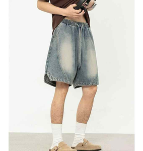 2025 personnalisé Vintage lavé bleu lâche cordon Style haut Baggy Shorts pour hommes Stitchmode Denim Streetwear directement pour l'été - Product Image 2