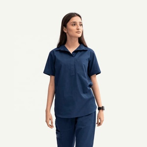 Ensemble de tenue médicale bleu marine pour femme, manches courtes, col en V, pantalon, uniforme d'hôpital en tissu Spandex/Polyester, détection par aiguille - Product Image 2