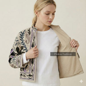 Veste Suzani en velours de coton tricoté à la main |   Manteau d'automne/hiver bohème pour femmes |   Broderie à motifs floraux écologiques - Product Image 4