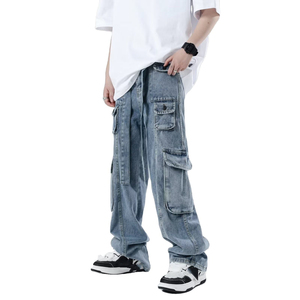 กางเกงยีนส์ขาตรงหลายกระเป๋าสำหรับผู้ชาย, กางเกงยีนส์สไตล์สตรีทย้อนยุคดีไซน์ฮิปฮอปขนาดใหญ่พิเศษตามสั่ง - Product Image 4