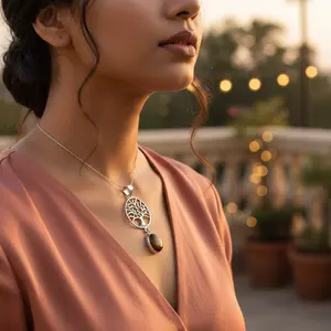 Collar con Colgante de Árbol de la Vida de Plata 925 con Piedra de Ojo de Tigre, Colgantes con Baño de Rodio, Patrón de Números en Oro Rosa y Platino - Product Image 3