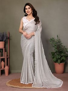Summer Collection Perfect <b>Satin</b> Saree with Embroidery Work <b>Blouse</b> and Pum Pum Lace Plain Design for Adults - Product Image 3