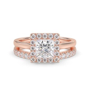Anillo de halo con diamante talla princesa y banda de boda a juego, diamante cultivado en laboratorio de 0.80 ct en oro amarillo, blanco, rosa y platino de 18 quilates - Product Image 3