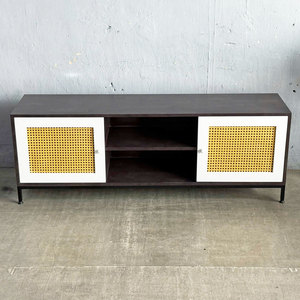 Contemporary Farmhouse Living Room TV <b>Stand</b> with Rubberwood Rattan <b>Doors</b> Iron Legs - Product Image 4