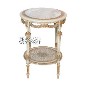 Table d'appoint ronde de luxe à deux niveaux avec plateau en marbre et accents dorés ornés, cadre en bois blanc antique pour une décoration intérieure classique - Product Image 1