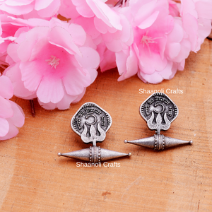 Antique Silver Tribal Stud Earrings for Women, Handmade Coin Design Oxidized Jewellery with Pearl & Diamond Stones for <b>Weddings</b> - Product Image 4