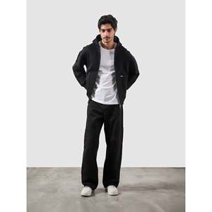 Solid Black French Terry Zipper Essential <b>Jacket</b> XXS to 6XL Acid Wash & Embroidered Patchwork <b>Lined</b> - Product Image 1