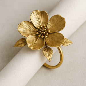 Servilletero de metal con flor dorada realista con detalle de hoja elegante soporte hecho a mano para decoración de mesa de boda estilo de Evento de lujo - Product Image 1