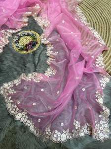 Sari de seda de organza pura con hilo de viscos, trabajo con borde de trabajo cortado, Sari de desgaste de boda, Sari de desgaste de fiesta de diseñador. - Product Image 6