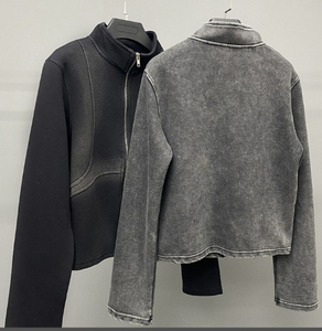 Chaqueta con cremallera de peso pesado, cárdigan de otoño para hombre, lavado ácido, rociado, recortado, cuello alto, sudadera, sudaderas con capucha a prueba de viento para mujer - Product Image 2