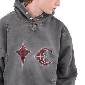 Venta al por mayor de encargo 350Gsm French Terry Heavyweight Pullover gris piedra lavada con capucha desgastada bordada con capucha para los hombres - Product Image 2