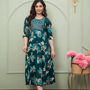 Algodón Impreso Largo Kurti Étnico Salwar Kameez Conjunto Slim Fit Sin Arrugas para Fiestas Bodas Diwali - Product Image 1