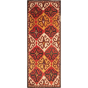 Alfombra de Lana Geométrica 3D Clásica Nuray, Roja y Naranja, Anudada a Mano, Rectangular Grande para Sala de Estar o Pasillo - Modelo Paem-655 - Product Image 1