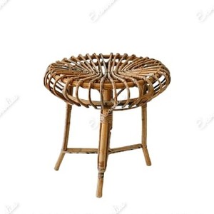 Precioso taburete de mimbre moderno de mediados de siglo, bambú curvo, tres patas rectas, precioso asiento redondo, taburete decorado, consola con incrustaciones de hueso - Product Image 6