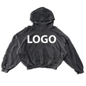 Hoodie Distressed Men's Customizable Cotton <b>Fleece</b> Acid Wash Distressed Breathable Hoodie Hot Sale New Arrival Online for Winter - Product Image 5