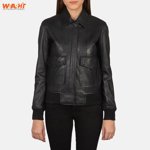 Col classique fermeture éclair avant veste d'hiver pour femmes en cuir noir véritable coupe ajustée personnalisé OEM vêtements d'extérieur manteau poches mode solide - Product Image 1