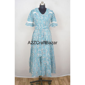 Robe longue en coton faite à la main pour femmes imprimé de blocs floraux Style moulante asymétrique écologique décontracté pour la plage d'été - Product Image 6