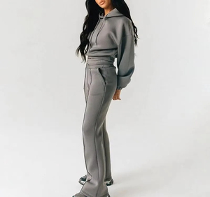 Conjunto Deportivo Gris para Mujer con Capucha, Pantalones Acampanados Largos, Color Sólido, Corte Holgado Informal, Cintura con Cordón Ajustable, Transpirable, de Poliéster - Product Image 3
