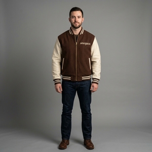 Blouson Bomber Marron pour Homme avec Manches en Cuir Crème, Col et Poignets en Maille Côtelée Mélange de Laine Personnalisé, Veste Décontractée Streetwear, Vente en Gros - Product Image 1