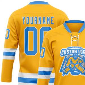 OEM Custom Manufacturer Wholesale Custom Gold Powder Blue-<b>White</b> High Quality Hockey <b>Lace</b> Neck Jersey - Product Image 6