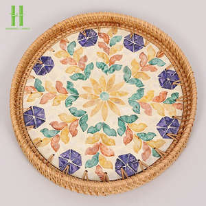 Bandeja redonda de bambú Vintage rústica hecha a mano de alta calidad con incrustaciones de nácar, uso de cocina bohemio de grado alimenticio, decoración del hogar, Vietnam - Product Image 6