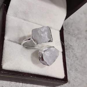 Rough Women's <b>Ring</b> Natural Rainbow Moonstone June Birthstone Double Stone <b>Adjustable</b> Handmade Jewelry 925 <b>Sterling</b> <b>Silver</b> <b>Ring</b> - Product Image 4