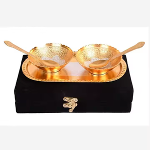 Classic Polished Gold Plated Brass Serving <b>Bowls</b> <b>Set</b> with Tray Spoons in Velvet Box-Eco-Friendly Corporate Gifts - Product Image 2