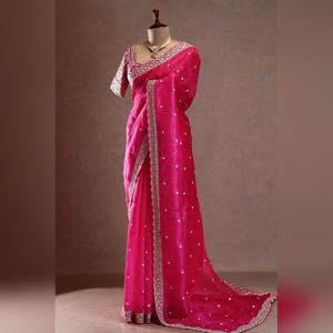 Sari indien en soie Tibby avec travail de séquence de fils de créateur glamour pour femmes, fête, mariage, occasions spéciales - Product Image 1