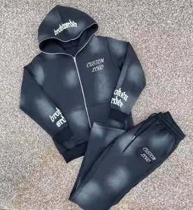 Ensemble de survêtement personnalisé à fermeture éclair délavé à l'acide pour homme, imprimé en relief, survêtement ample, sweat-shirt et pantalon de survêtement en tissu éponge, style hip-hop, automne - Product Image 5