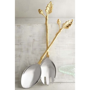 Incroyable cadeau de mariage de serveur de salade réutilisable avec un Design Long brindille dorée avec feuille de métal nouveau Look poignée & - Product Image 1
