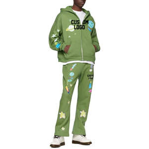 Conjunto de pantalón de chándal acampanado de algodón 100% personalizado para hombre, chándal con capucha y estampado abullonado ecológico, chándal informal de lana de talla grande - Product Image 2