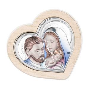Plaque religieuse italienne en métal plaqué argent coloré en forme de cœur, avec la Sainte Famille, impression UV, décoration pour la maison, personnalisable - Product Image 1